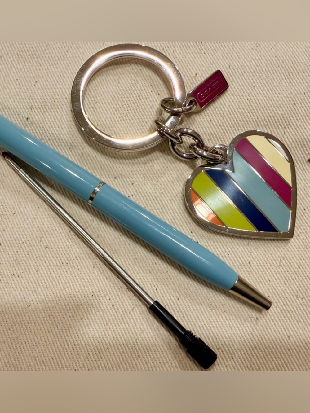 Coach Legacy Striped Heart Keychain/Bag Charm - Picture 3 of 5